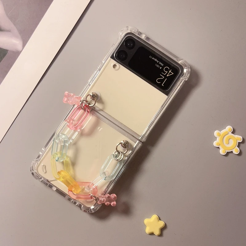 Bear Bracelet Chains Phone case For Samsung Galaxy Z Flip 4 Clear Shockproof Z Flip 3 1 2 Cover