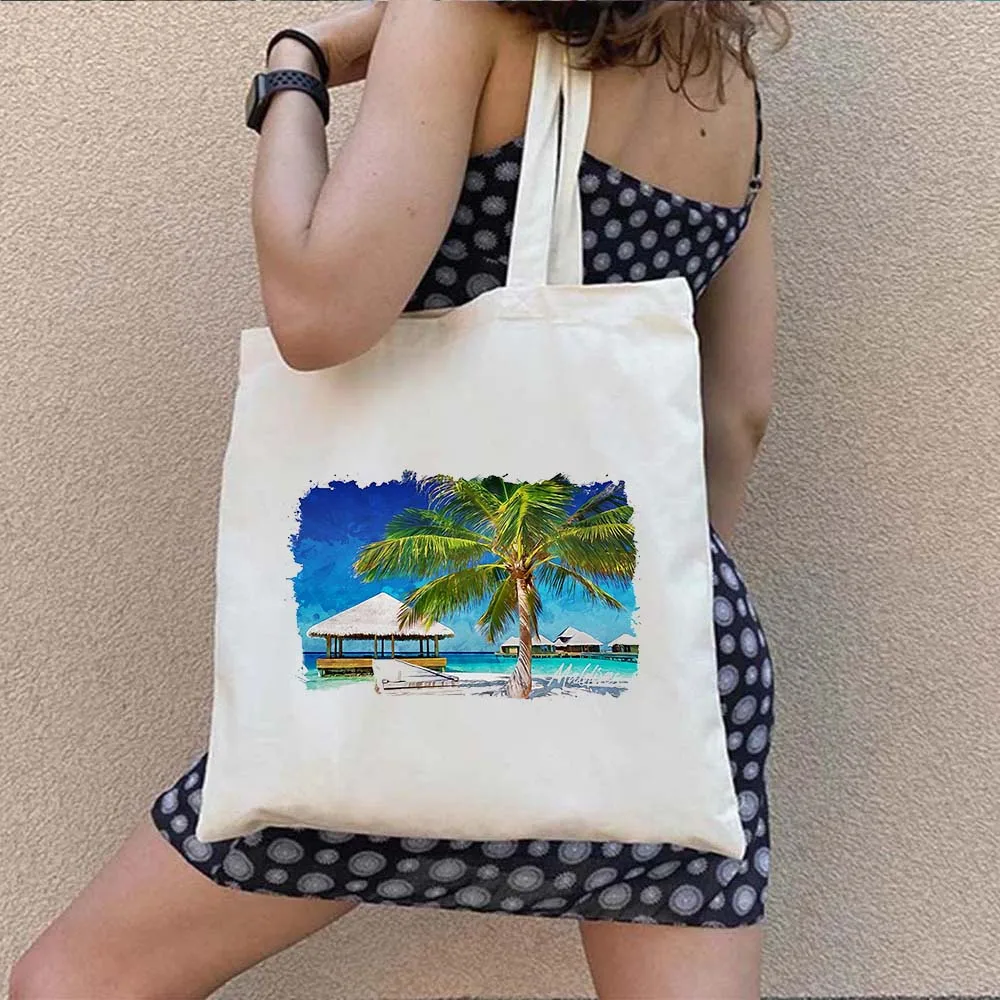 Vintage Retro Summer Beach Holiday Maldives Maldivian Flag Love Heart Shopping Shoulder Canvas Tote Bag Harajuku Shopper Handbag