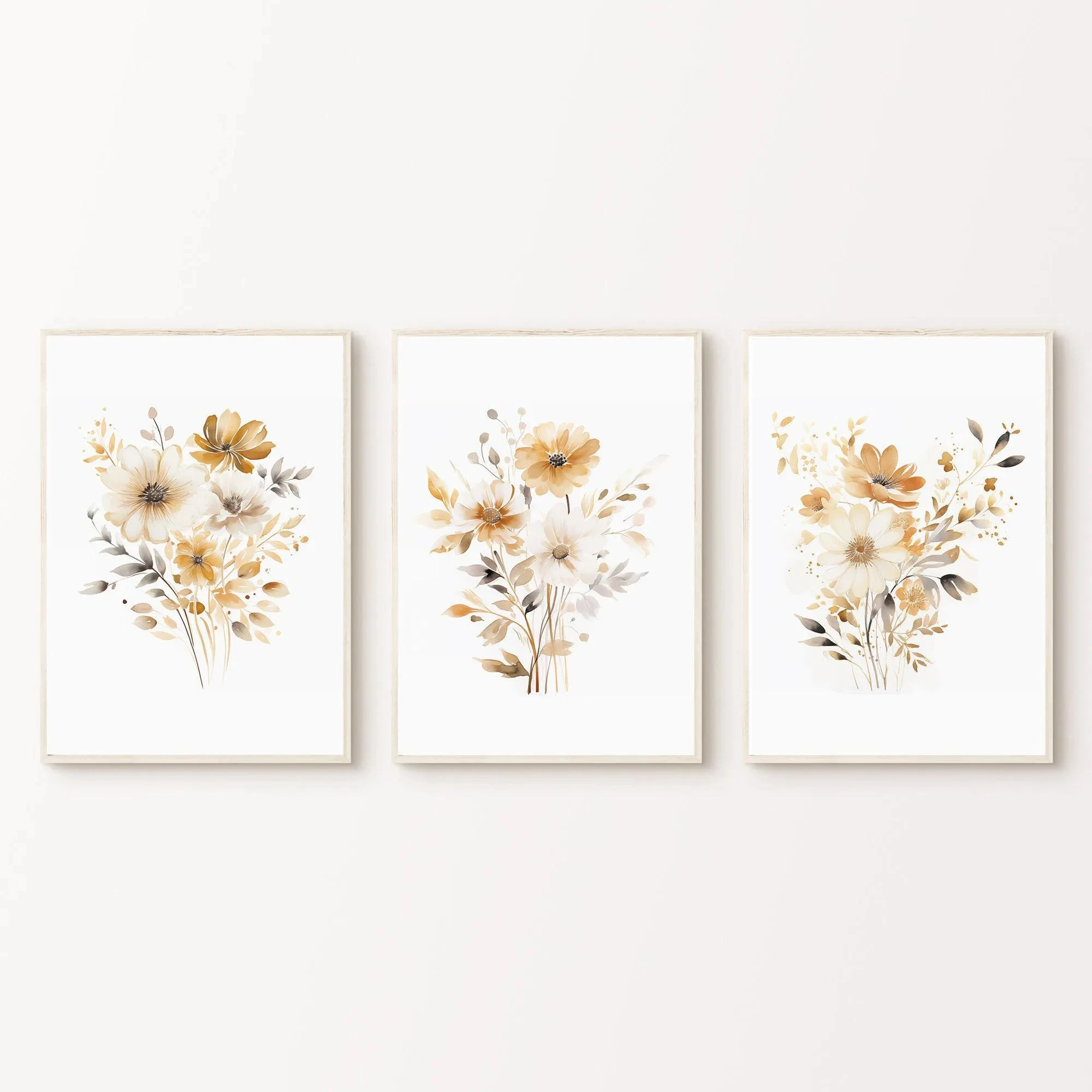 Set of 3 Neutral Watercolor Wildflower Prints / Boho Minimalist Wall Decor / Printable Botanical Wall Art /Branch Prints poster