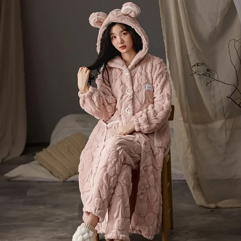 

Pajamas Women's Winter Long-sleeved Coral Fleece Fleece Thickened Flannel Loungewear Plush Women's Pijamas Suit Robe & Trouser