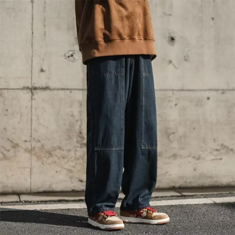 Street Hip Hop Paneled Used Washed Jeans Men's Trendy Brand Loose Wide Leg Casual Straight Pants New Trend