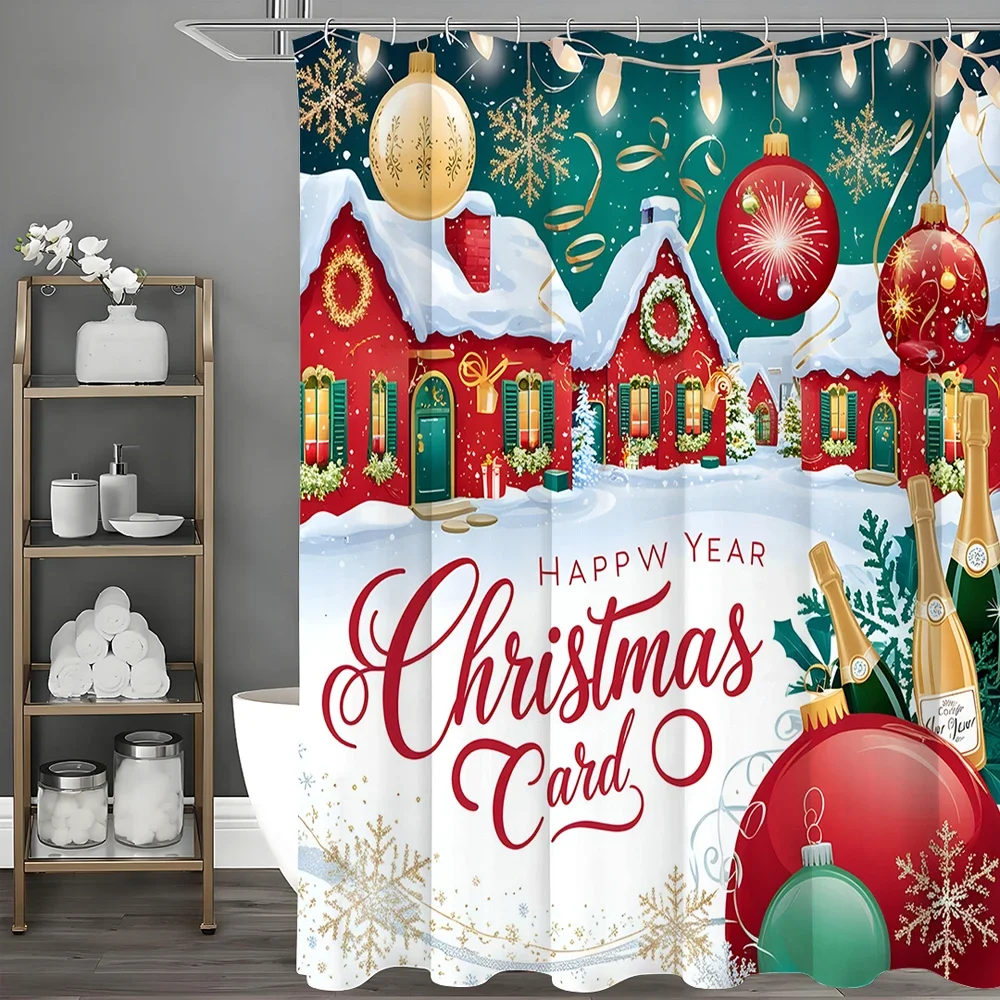 

Christmas Red House Colorful Lights Shower Curtain, Bathroom Decorative Shower Curtain, Waterproof Shower Curtain with Hooks