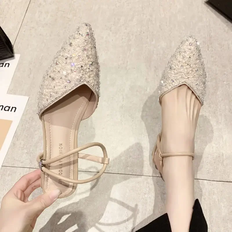 Pointed Toe Summer 2024 Footwear with Low Heels One Word Sandals for Woman Women's Shoes Buckles Rhinestones Daily Korea Sale H