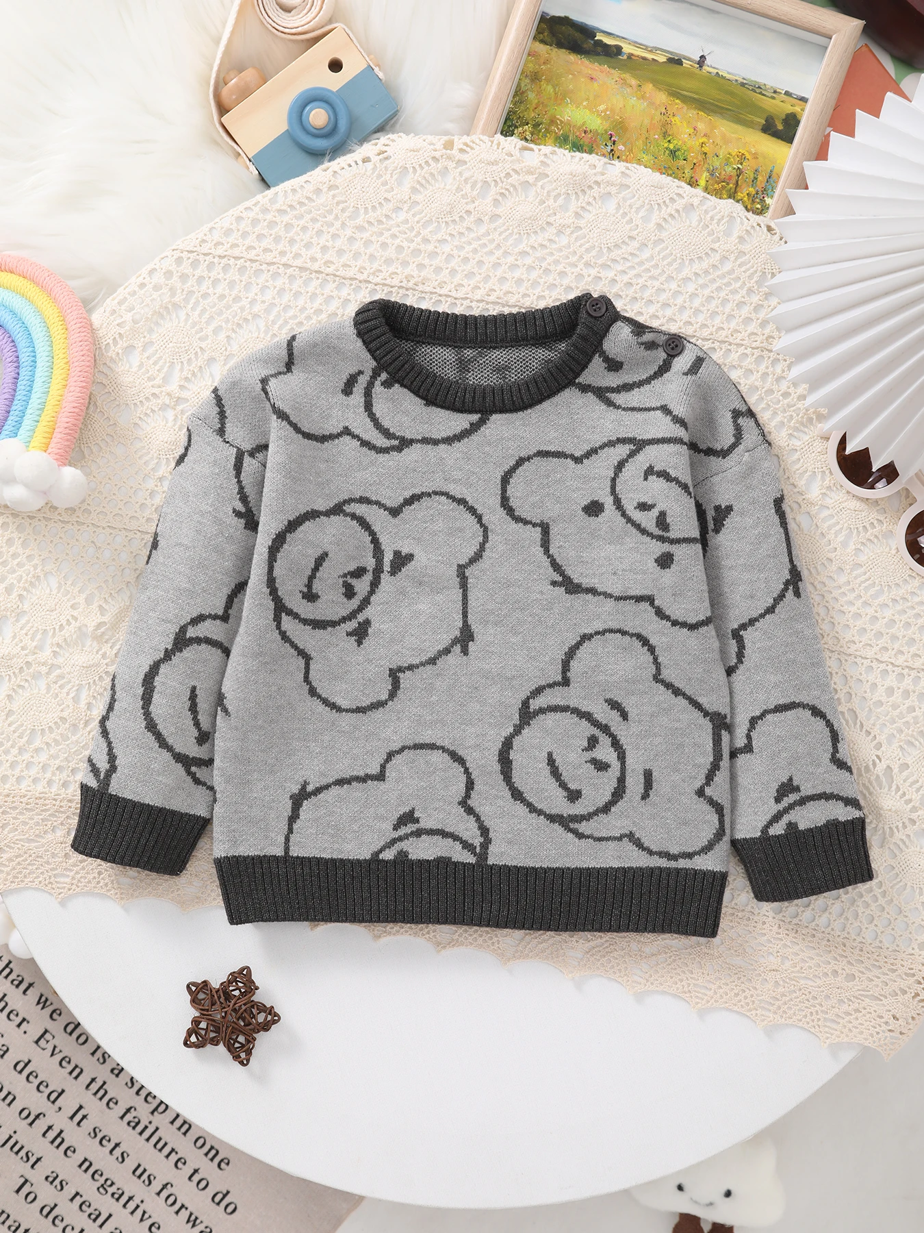 

Spring and Autumn New Baby Tops Boys Knitted Cartoon Bear Pattern Baby Round Neck Long Sleeve Pullover