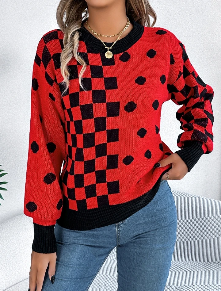 

Women's Sweater Pullover Top for Autumn and Winter Casual Color Contrasting Polka Dot Plaid Printed Lantern Seeve Sweater Top