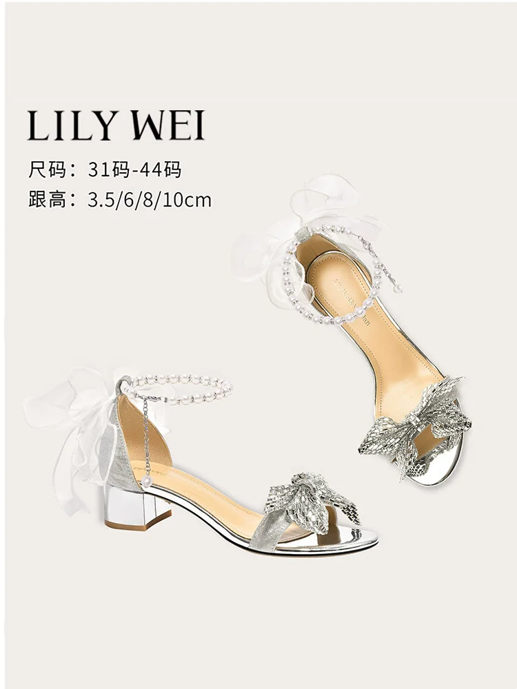

Summer sequin pearl rhinestone bow square heel low heel wedding shoes thin high heel banquet large size small size women sandals