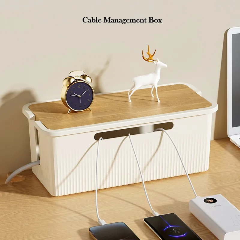 Cable Management Box Wooden Style Cord Organizer Box with Lid  for TV Wires Router Power Strip Storage to Hide Charger Adapter