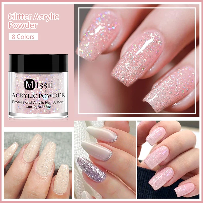MTSSII Acrylic Powder 10g Glitter Pink Acrylic Nail Professional Polymer for French Nail Extension No Need Lamp Cure