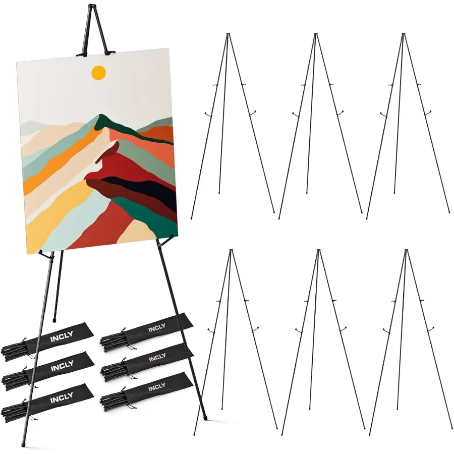 

Black Folding Easels for Display 6 Pack 63 Inch Metal Stand Instant Tripod Collapsible Portable Floor Easels Adjustable Folding