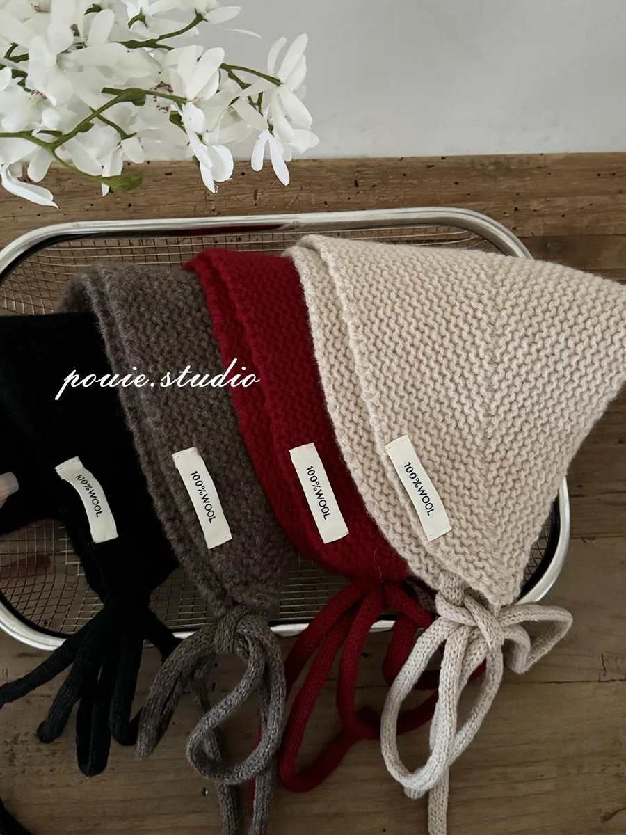 韓国風無地ウールニットスカーフ、タイヘッドラップ付き、レディースおしゃれ暖かい耳当て付き冬用スカーフ