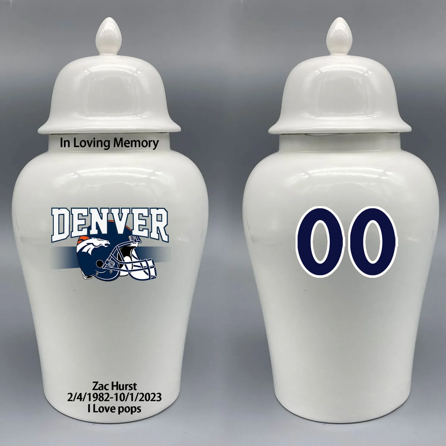 Large Urn for Denver Broncos-themed Logo Urn.Please send me the customize information-name/date and number on the urn