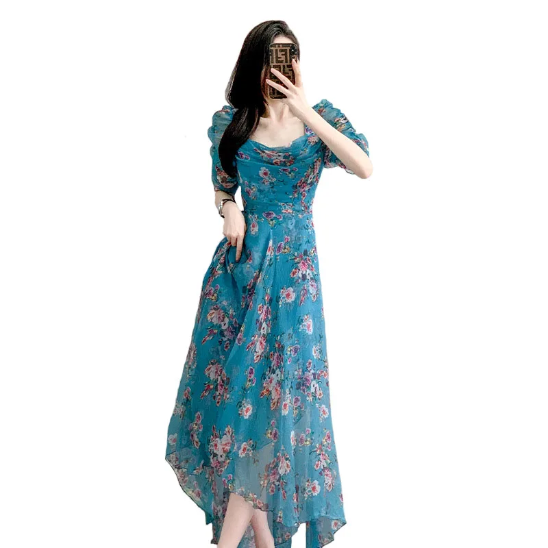 

Female Clothing Princess Ruffles Chiffon Dresses French Elegant Puff Sleeve Irregular Vestidos Square Collar Slim Waist Clothes