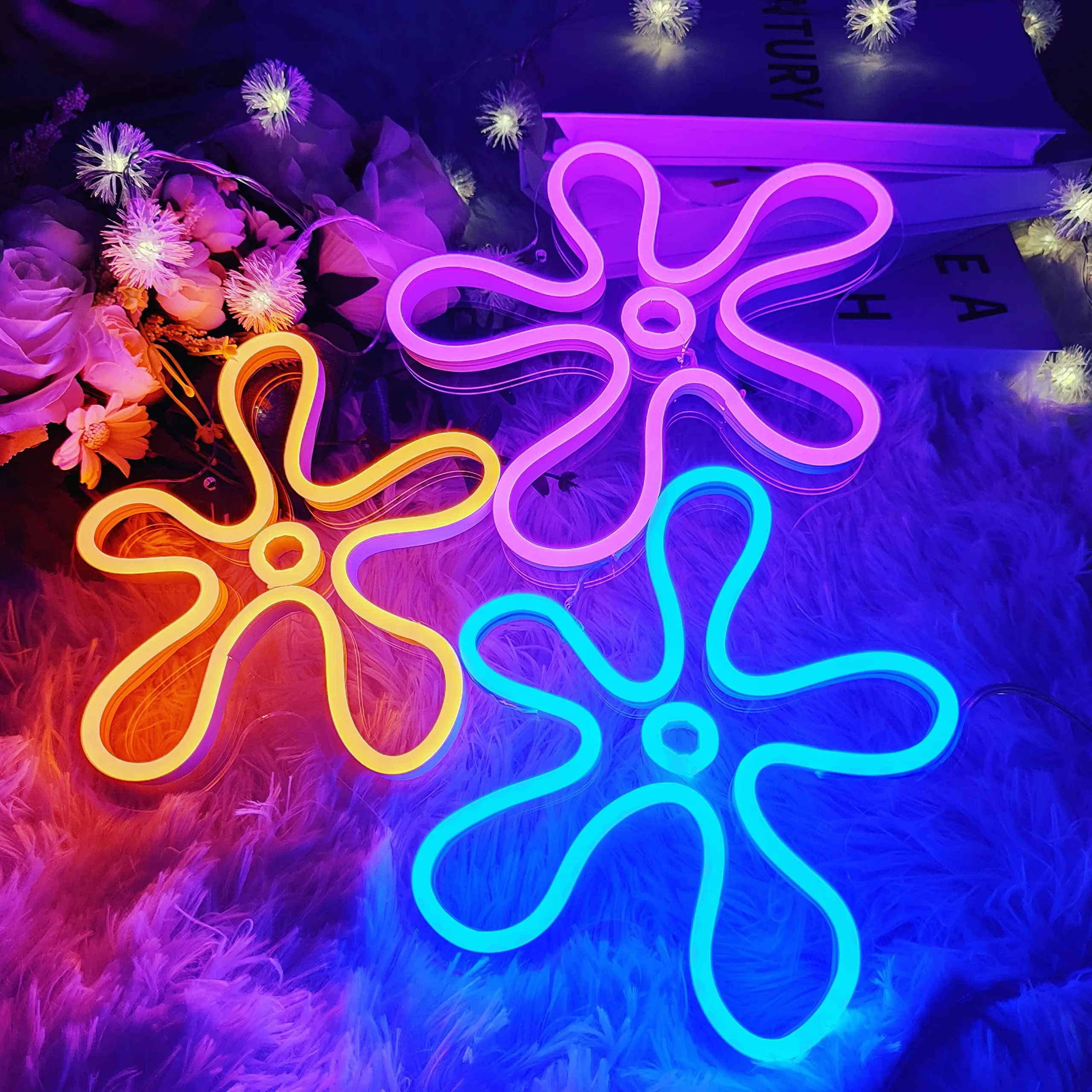 Flower LED Neon Signs Lights for Bedroom Wall Decor Colorful Flowers Signs for Girls Kids Gifts, Room Birthday Party Decoration