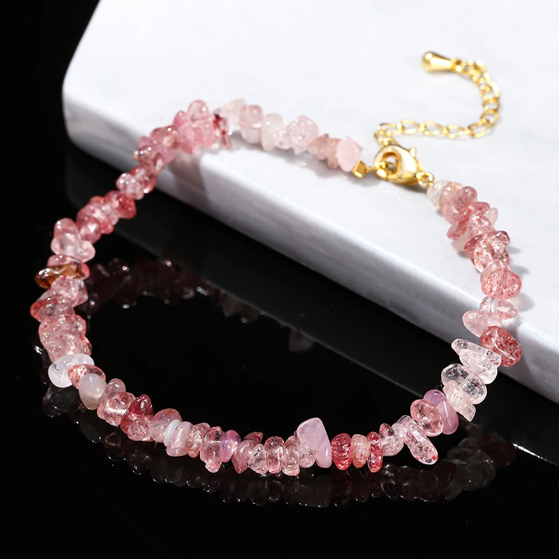 JD Natural Strawberry Quartz Irregular Chips Crystal Beaded Bracelet Women Adjustable Handmade Chain Healing Bracelet For Female