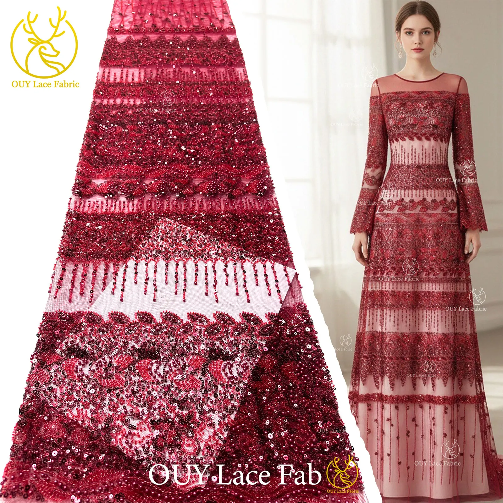 

Red Groom Beaded Lace Fabric 2026 Latest French African Mesh Sequin Lace Fabric Nigerian Tulle Lace For Bridal Party Dresses