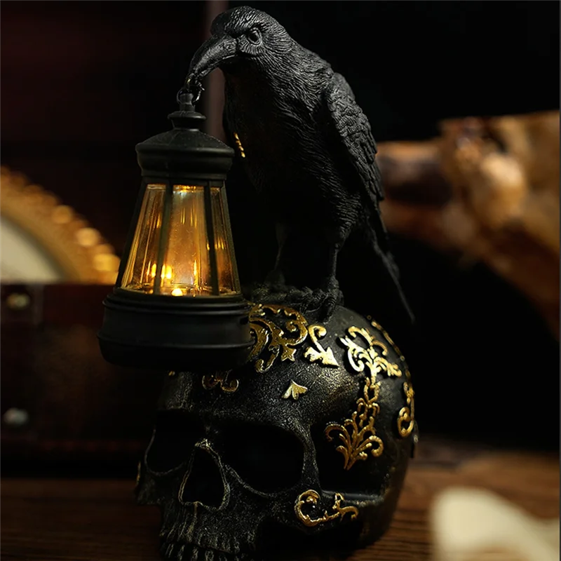 Mophe-para decorações de halloween resina corvos crânio lâmpada escultura luz noturna design gótico escuridão