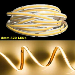 Flexível COB LED Strip Lights, Alta Densidade, Fita DC Plug, Fio 2Pin, Painel de 8mm, Cozinha e Decoração do quarto, DC12V, 24V, 320LEDs por m, RA90