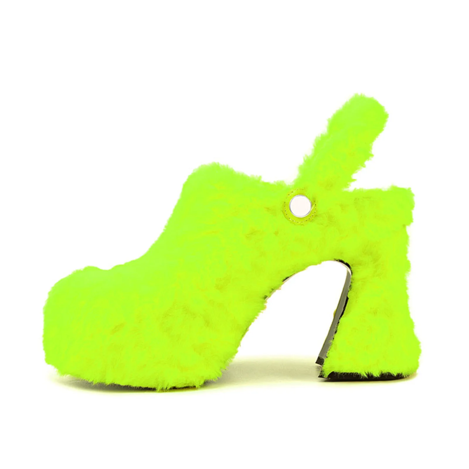 

Arden Furtado Spring Fur Platform Mules Round toe Chunky heel Closed toe slippers Rear trip belt Super high heel Catwalk shoes