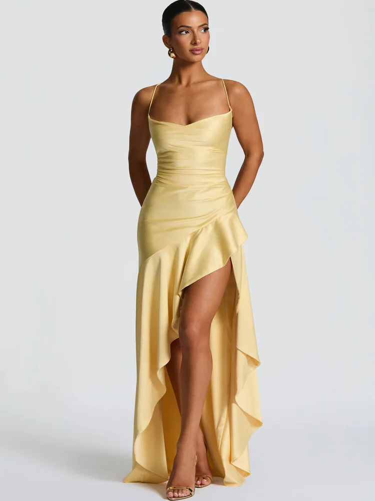 Ele Giallo Satin Holiday Dr con cinturino Bal Design diviso per la cena di fine anno Par Gonna a trapezio a vita alta