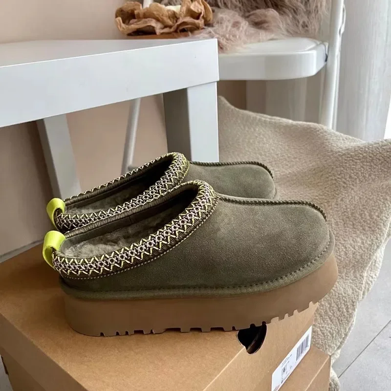 Chaussons à plateforme en laine et cuir pour femmes, bottes classiques confortables, toboggans en fourrure, hiver