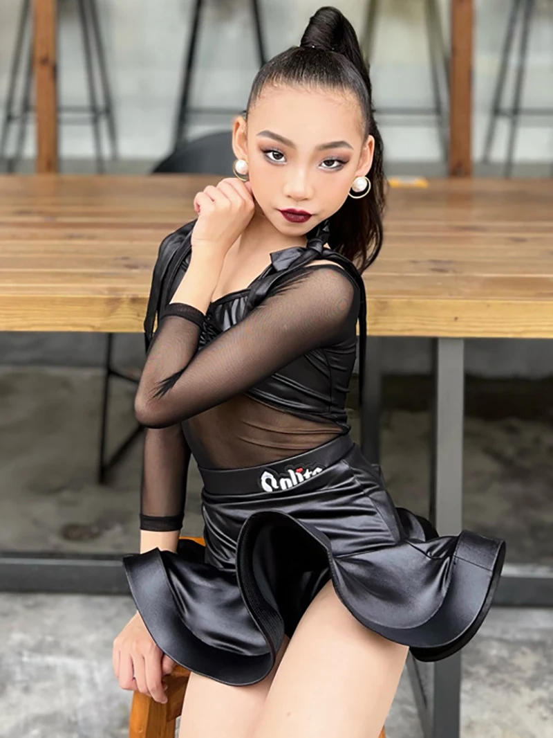 

Kids Girls Lolita Latin Dance Clothing Outfit Set Long Sleeve Leather Mesh Lace-up Top Pants Stage Performance Clothes