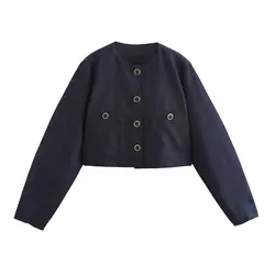 TRAF Autumn Woman Office Classic Versatile Thin Jacket Casual Slim Single Breasted Metal Buttons Pockets Coats Crop Top 8655527