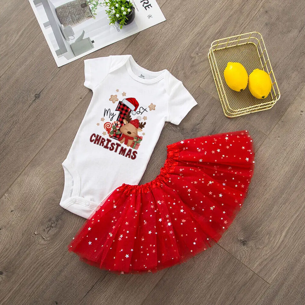 My First Christmas Newborn Baby Long Sleeve Romper Cartoon Deer Santa Printed Outfit Infant Baptism Bodysuit Clothes Xmas Gift