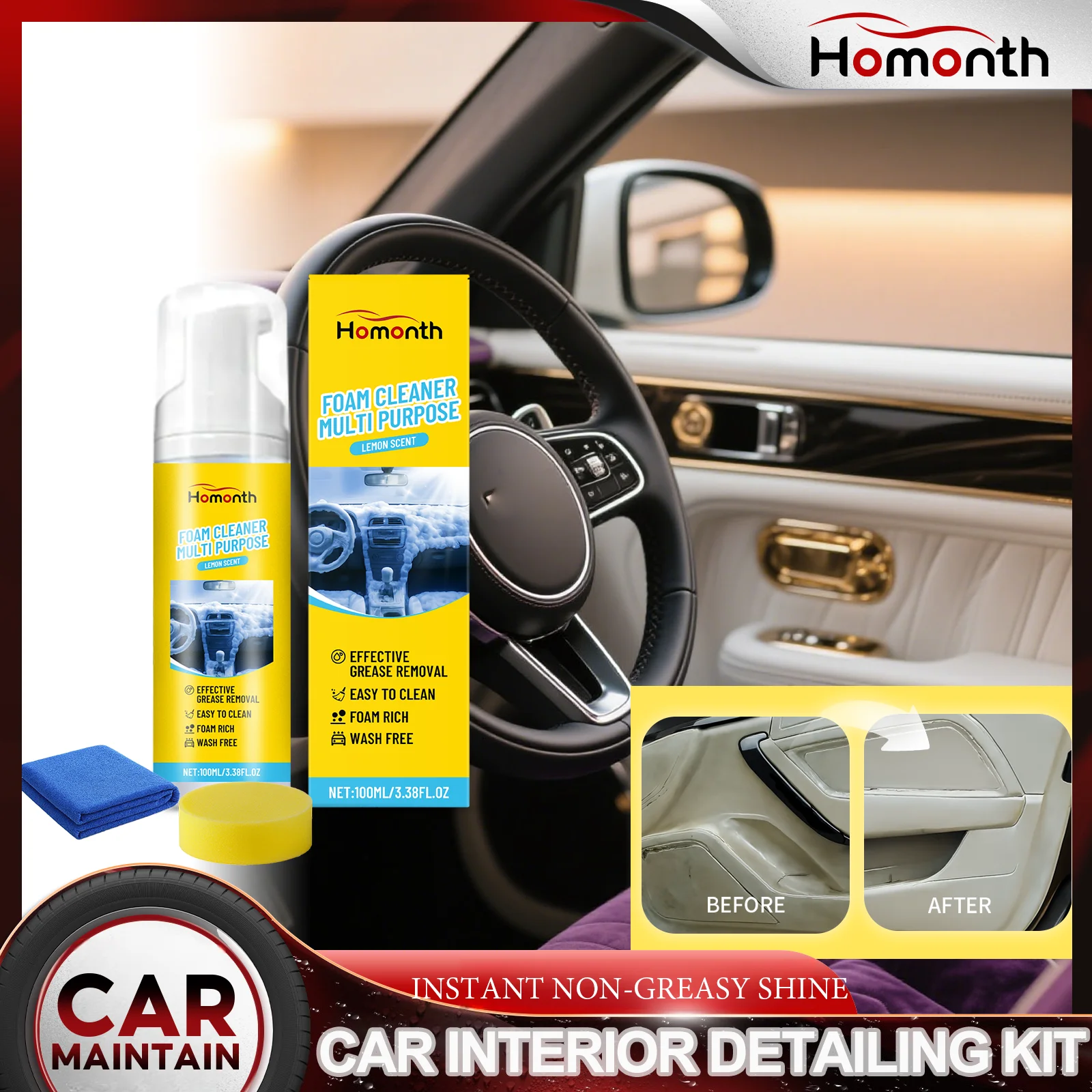 

3-в-1 очиститель салона автомобиля, набор для блеска, многоповерхностный спрей-пена для очистки кожи, пластика, удаляет жир, отпечатывает пальцы, восстанавливает