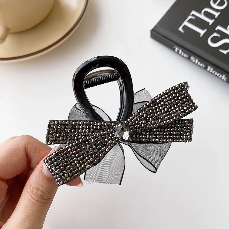 High-end Crystal Bow Hair Clips Elegant Temperament Rhinestone Hair Claw Shark Clip Korean Hair Accessories for Women