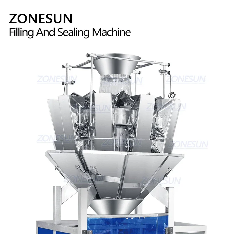 ZONESUN Custom Automatic 10 Heads Biscuit Chips Rice Granule Weighing Filling And Back Sealing Machine Bag Form Packing Machine