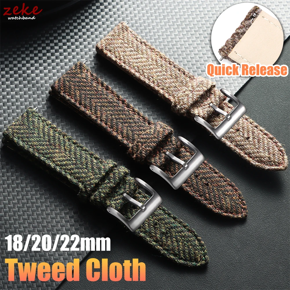 18/20/22mm Schnellverschluss-Armband aus echtem Leder und Nylon, Vintage-Armband aus Tweed-Webart für Männer und Frauen, universelles Armband