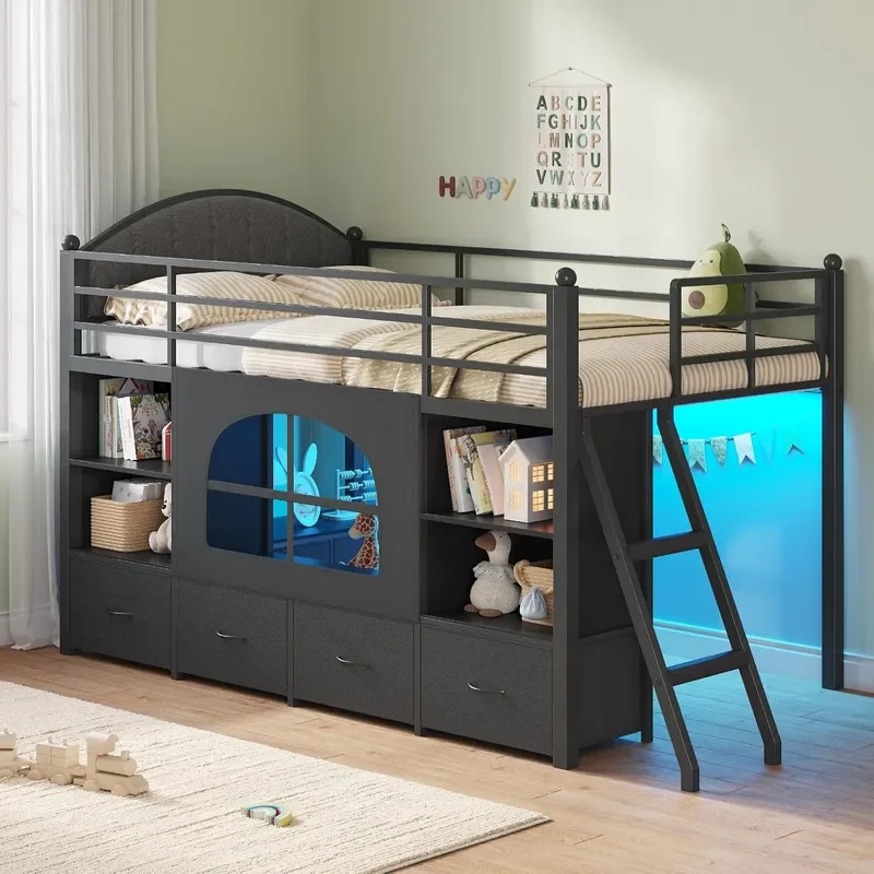 Twin Low Loft Bed with 6 Drawers 4 Bookshelf LED Lights Black