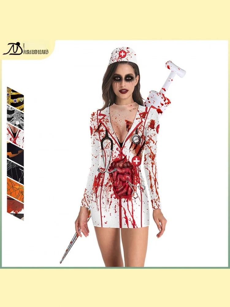 

Sexy Nurse Costume ort Skirt Dr loween Par Polyester Fiber Long Sve Zipper Closure Women's Faion Tight Fit Dr