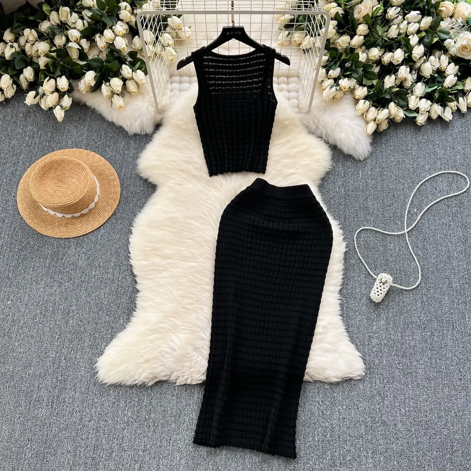 Skirt Set Women Two Piece Sets Knitted Sexy Slim Dress Sets Round Neck Sleeveless Short Vest Tops High Waist Long Skirts Elegant