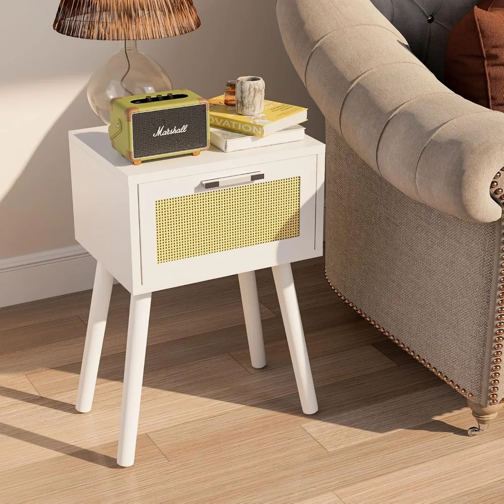 مجموعة منضدة YMYNY مكونة من 2، طاولة نهائية، طاولة صغيرة بجانب السرير، درج مزين بالروطان مصنوع يدويًا، أرجل من الخشب الصلب، طاولة جانبية حديثة