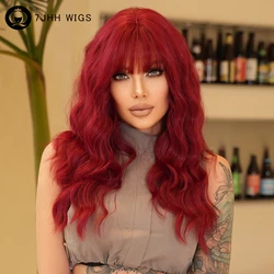 7JHH WIGS Long Loose Water Wavy Wine Red Wig for Women Daily Party High Density Synthetic Layered Hair Wigs with Neat Bangs