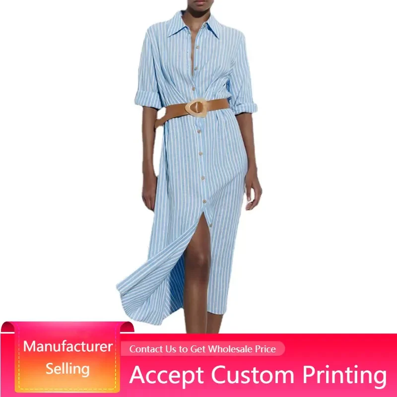 Summer Women Shirt Dress Linen Blend Stripe Print  Pleats Decoration Dress Turn Down Collar Casual Ladies Dress with Belt