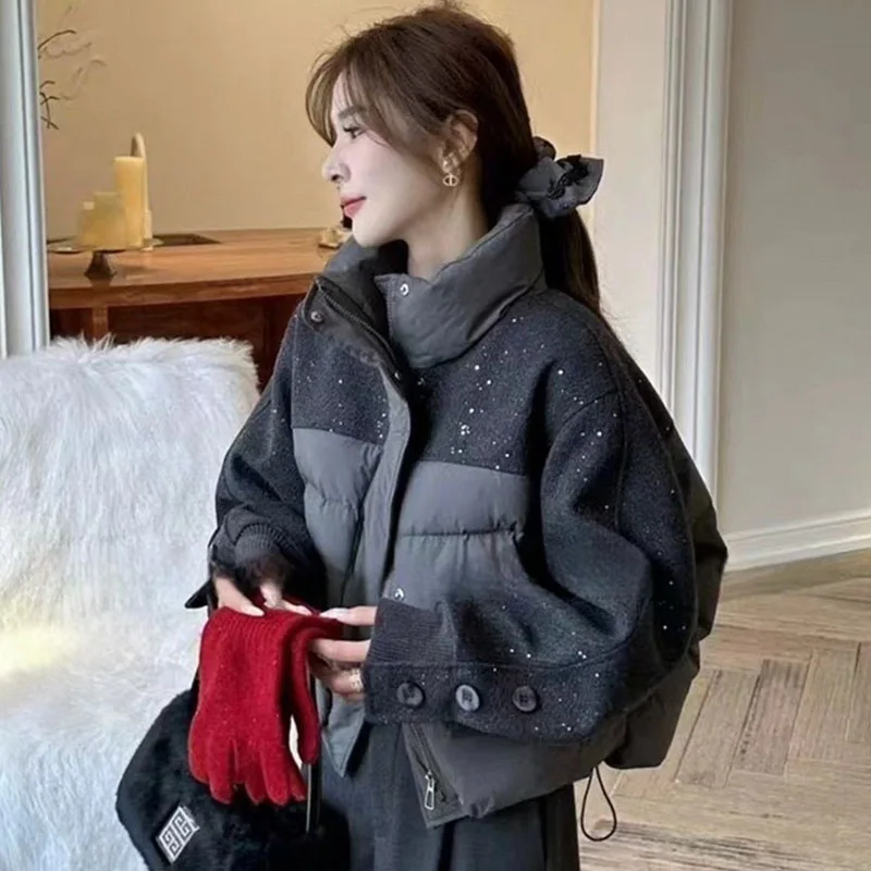 Design Sense Korean Style Shiny Patchwork Jacket For Women 2025 Winter New Down Cotton Thickened Warm Coat