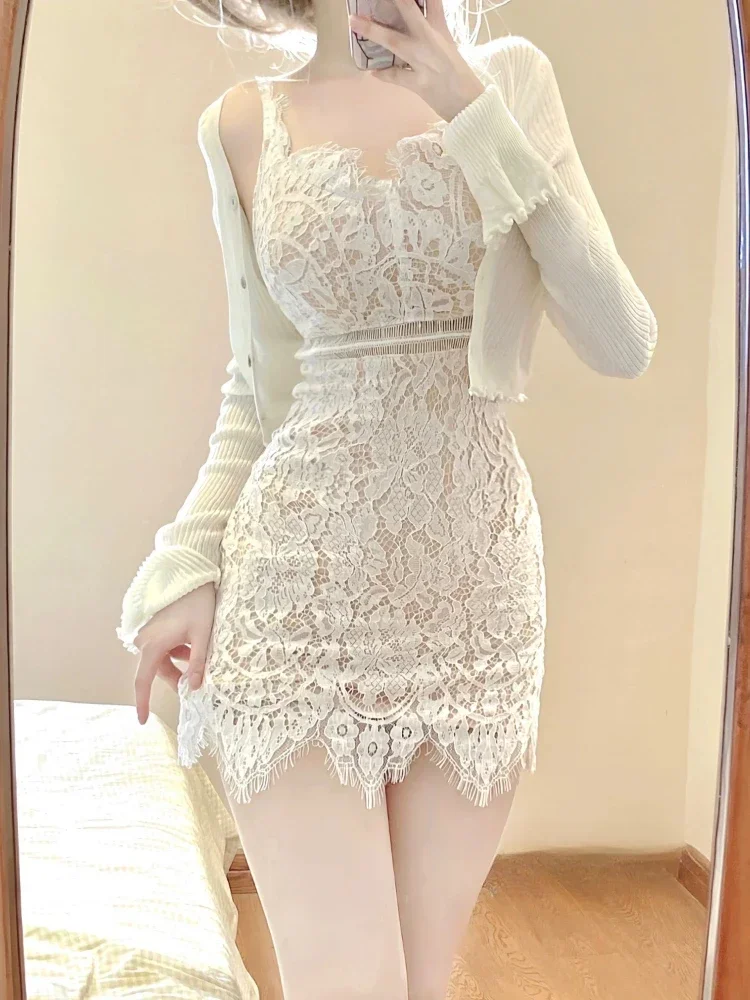 

Korean Fashion Elegant Lace Clothing Suit Autumn Sexy 2 Piece Set Slim Y2k Mini Dress Casual Short Cardigan Perfect Office Lady