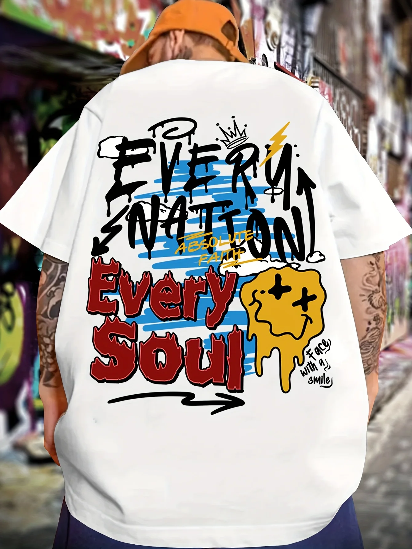Men'S Casual Polyester Crew Neck T-Shirt with Graffiti Cartoon and Positive Message Print - Medium Stretch, Short Sleeve, Knit Fabric, Regular Fit for Daily & Weekend Wear - Summer Collection