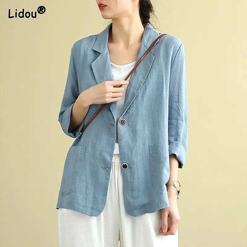 2023 Summer Comfortable Casual Loose Oversize Fashion Versatile Solid Color Long Sleeved Double Button Cotton Linen Suit Jacket