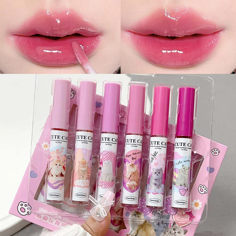 Water Gloss Clear Lip Glaze Set, impermeável, Non-stick Cup, hidratante, Plumping, Fade Lip Lines, Lipgloss, maquiagem coreana, cosméticos, 6pcs