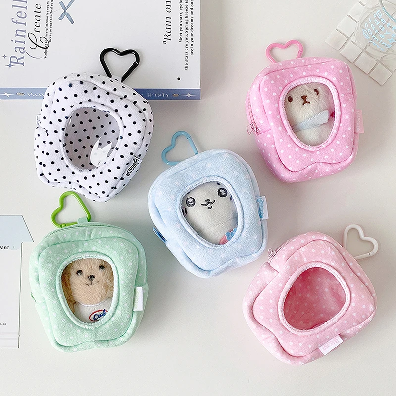 Korean Polka Dot Doll Storage Bag Cute Plush Doll Display Bag Heart Carabiner Pendant for Girls Gift