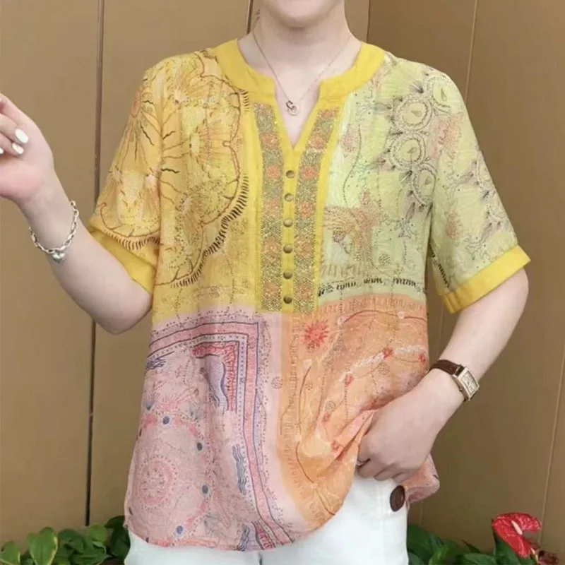 Fashion Elegant Contrast Color V-Neck Blouse for Female 2023 Summer Loose All-match Patchwork Half Sleeve Shirt Women's Clothing