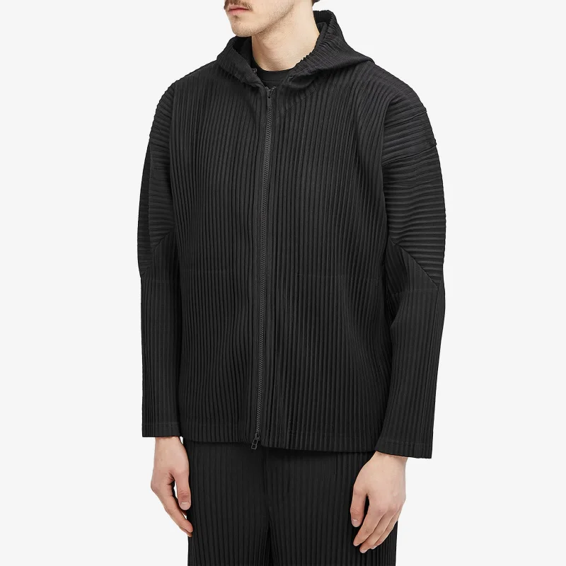 Miyake Pleated Men Zip Up Plisse Hoodie Two Way Zipper Jacket Japanese Streetwear Hooded Cardigan Casual Loose Coat