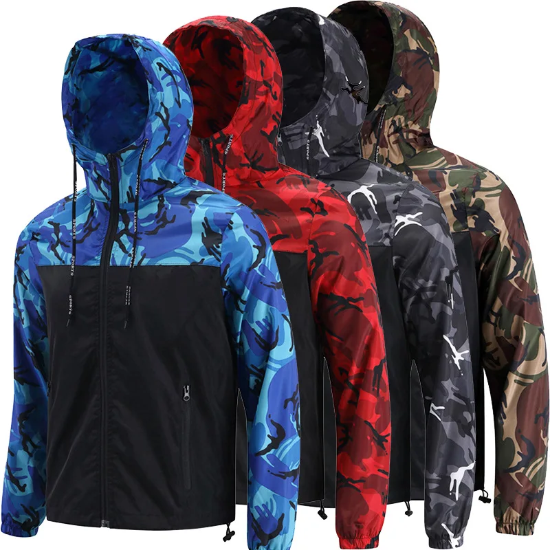 Men's Hooded Camouflage Lightweight Windproof Jacket Autumn Korean Style Bomber Outdoor Casual Sports Coat for Hiking Climbing