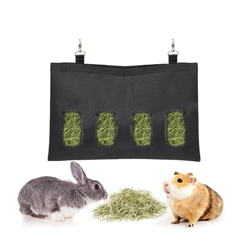 Rabbit Hay Bag Hanging Pouch Feeder Holder Black Durable Feeding Dispenser Container for Rabbit Guinea Pig Small Animals