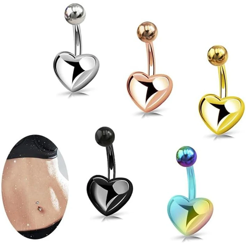 1Pc Stainless Steel Heart Belly Button Rings Multicolor Minimalist Piercing Navel Barbell Ring For Men Women Body Jewelry Gifts