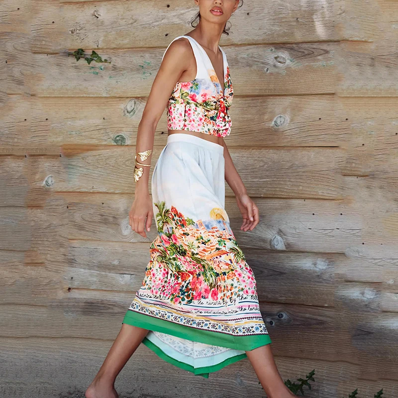 2025 여름 신상 여성 패션 프린트 클로크 스타일 하이웨이스트 미디 스커트 스탠다드 핏 A라인 스트릿 스타일 플로럴 폴리에스터