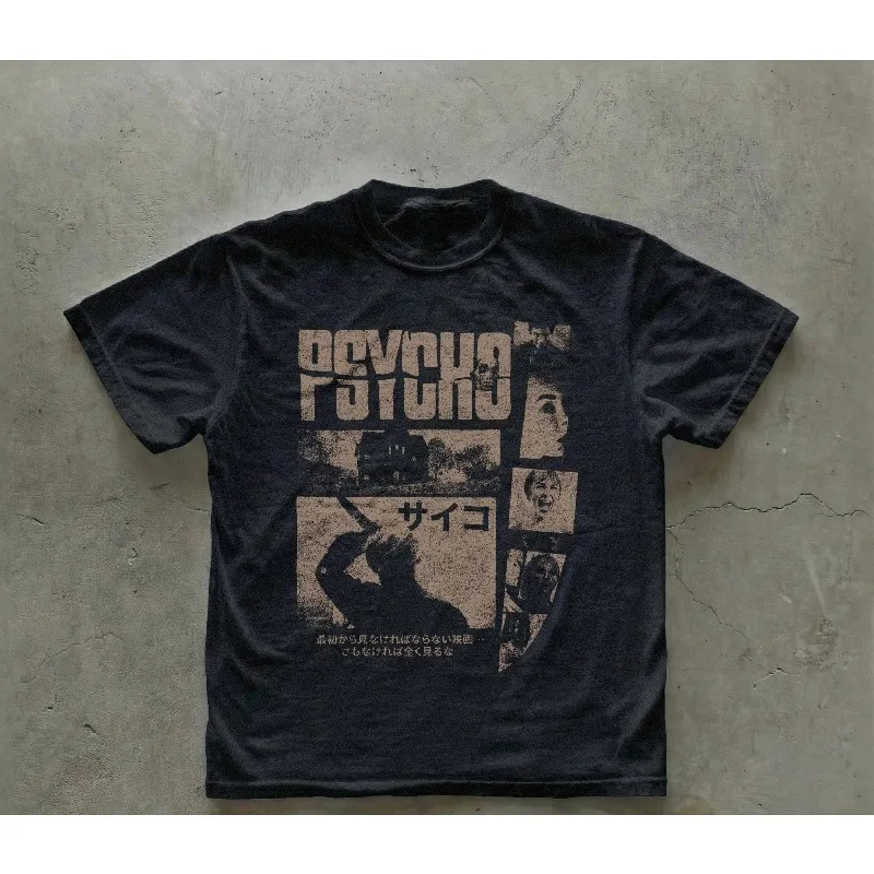 Psycho Graphic T-shirt Unisex Horror Movie Tee with Japanese Typography Vintage Streetwear Aesthetic Retro Film